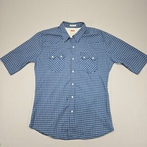 Levi's Western Slim Fit Blue Gingham Check Plaid Short Sleeve‎ Men's XL